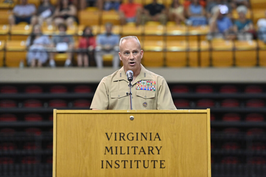 Lt. Gen. David Furness '87 speaks from the podium in Cameron Hall during Matriculation.