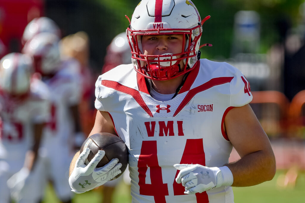 Cadet Dylan Poley playing football for VMI.