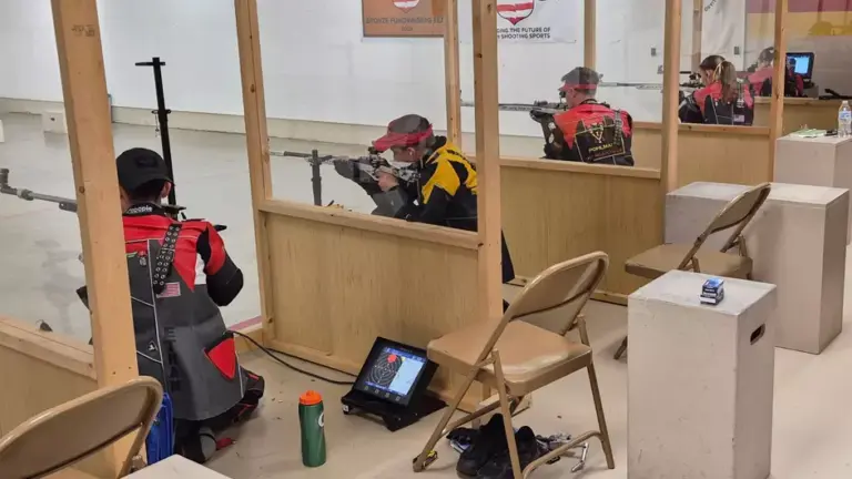 Members of the VMI Rifle teams take aim.