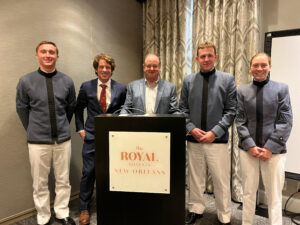 Braden Bell ’28, Joel Thomas ’19, Col. Rob McDonald, Josiah Farrell ’28, and Sophia Heinlein ’28, celebrate after presenting at the annual conference of the American Culture Association in the South in New Orleans.