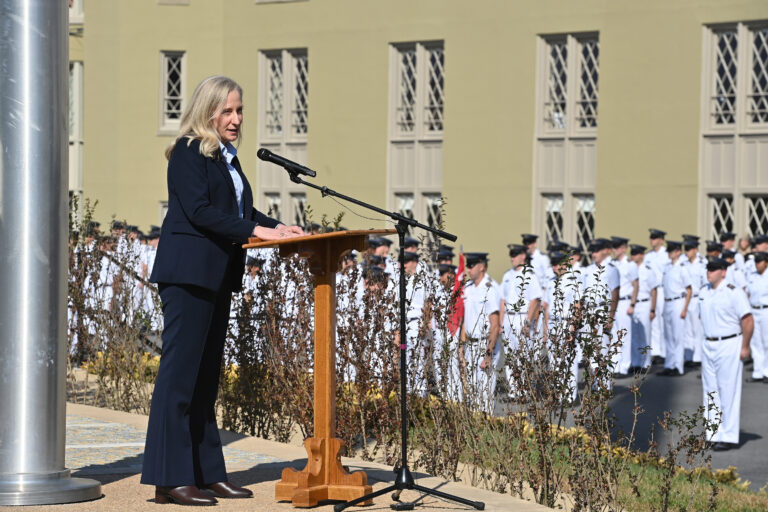 Gov. Abigail Spanberger addresses the Corps of Cadets in front of barracks Oct. 29. –VMI Photo by Kelly Nye.