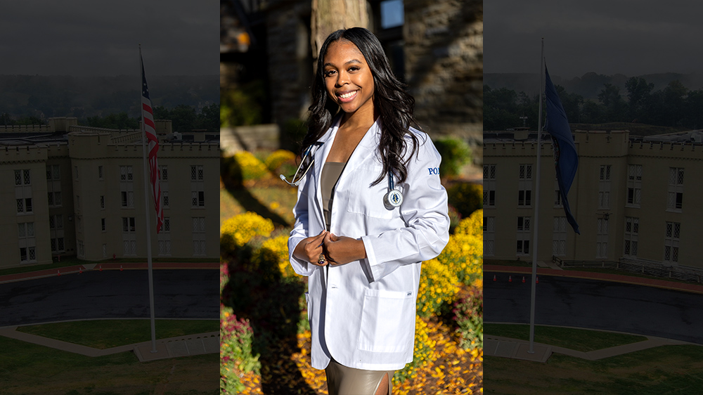 Ariana Ruffin ’21, now a medical student at the Philadelphia College of Osteopathic Medicine, was the 2021 Southern Conference indoor 400-meter champion as a cadet-athlete.—Photo courtesy Ruffin.