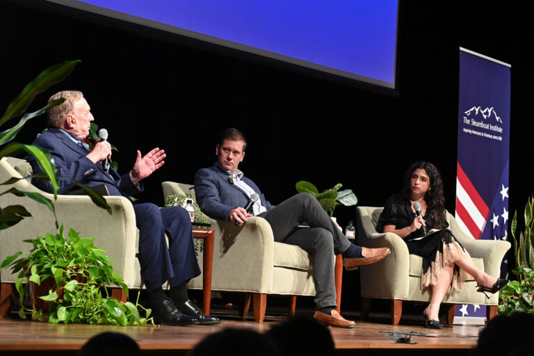 Col. Douglas Macgregor, Ph.D., defends his position on the resolution debated Oct. 1 as Hal Brands, Ph.D., and Carine Hajjar listen in Gillis Theater.